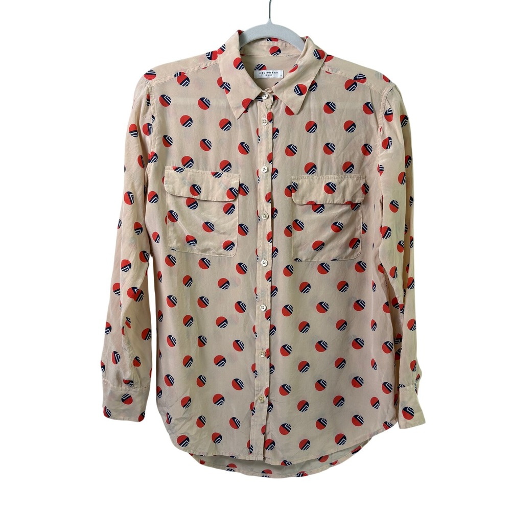 Equipment Femme Button‎ Down Shirt Womens S Beige Red Geometric Silk Blouse
